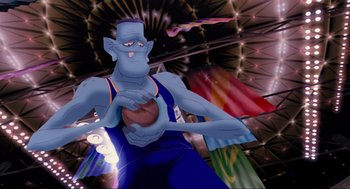 Movie still from “Space Jam” (1996), directed by Joe Pytka – An image of an animated character with a ball in his hand; Medium shot, Low angle