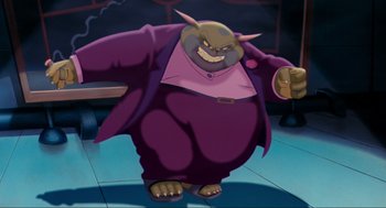 Movie still from “Space Jam” (1996), directed by Joe Pytka – An image of an animated character in a purple outfit; Medium shot, Low angle