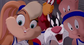 Movie still from “Space Jam” (1996), directed by Joe Pytka – Picture of some cartoon characters; Close Up shot, Low angle