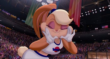 Movie still from “Space Jam” (1996), directed by Joe Pytka – A cartoon of a woman in a cheerleader outfit; Close Up shot, Low angle