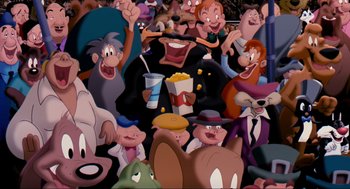 Movie still from “Space Jam” (1996), directed by Joe Pytka – A group of cartoon characters are gathered together; Wide shot, Low angle