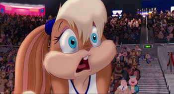 Movie still from “Space Jam” (1996), directed by Joe Pytka – An animated picture of a woman with a surprised look on her face; Close Up shot, Low angle