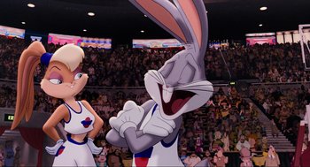 Movie still from “Space Jam” (1996), directed by Joe Pytka – A cartoon character with his mouth wide open and his hands on his chest; Medium shot, Low angle