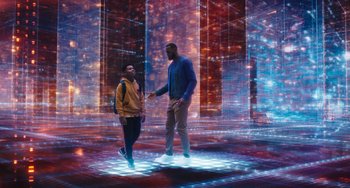 Movie still from “Space Jam: A New Legacy” (2021), directed by Malcolm D. Lee – Two men are standing in a room with lights on the floor; Extreme Wide shot, Low angle