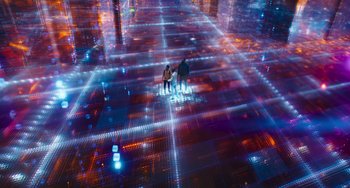 Movie still from “Space Jam: A New Legacy” (2021), directed by Malcolm D. Lee – Two people are standing in the middle of a city; Extreme Wide shot, High angle