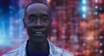 Movie still from “Space Jam: A New Legacy” (2021), directed by Malcolm D. Lee – A person with a blue shirt; Close Up shot, Low angle