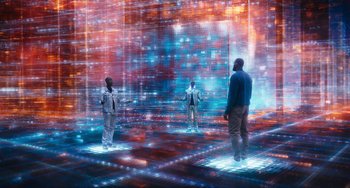 Movie still from “Space Jam: A New Legacy” (2021), directed by Malcolm D. Lee – Three people are standing in a room that is lit up with lights; Extreme Wide shot, Low angle