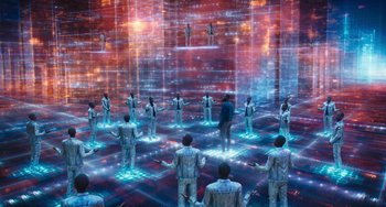 Movie still from “Space Jam: A New Legacy” (2021), directed by Malcolm D. Lee – A group of people standing in front of a building; Extreme Wide shot, High angle