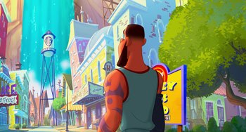 Movie still from “Space Jam: A New Legacy” (2021), directed by Malcolm D. Lee – A man standing in front of a building with his hand on his head; Wide shot, Low angle
