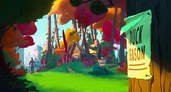 Movie still from “Space Jam: A New Legacy” (2021), directed by Malcolm D. Lee – An artistic painting of a forest with trees and buildings in the background; Extreme Wide shot, Low angle