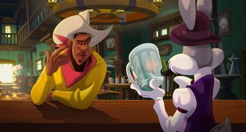 Movie still from “Space Jam: A New Legacy” (2021), directed by Malcolm D. Lee – A man sitting at a table with a glass of beer; Medium shot, Over the shoulder angle