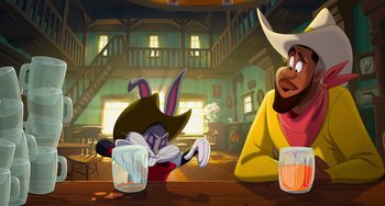 Movie still from “Space Jam: A New Legacy” (2021), directed by Malcolm D. Lee – Two cartoon characters sitting at a table with drinks; Wide shot, Over the shoulder angle