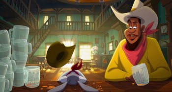 Movie still from “Space Jam: A New Legacy” (2021), directed by Malcolm D. Lee – Two cartoon characters sitting at a table in a room; Wide shot, Low angle