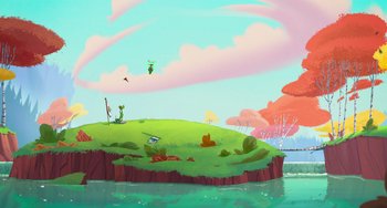 Movie still from “Space Jam: A New Legacy” (2021), directed by Malcolm D. Lee – An island in the middle of the ocean with a bird flying above it; Extreme Wide shot, High angle