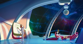 Movie still from “Space Jam: A New Legacy” (2021), directed by Malcolm D. Lee – Two people are sitting in a room with a space ship in the background; Wide shot, Low angle