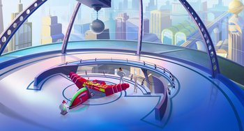 Movie still from “Space Jam: A New Legacy” (2021), directed by Malcolm D. Lee – An airplane in the middle of an airport terminal; Extreme Wide shot, High angle