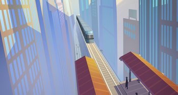 Movie still from “Space Jam: A New Legacy” (2021), directed by Malcolm D. Lee – A train is going down the tracks in a city; Extreme Wide shot, Low angle