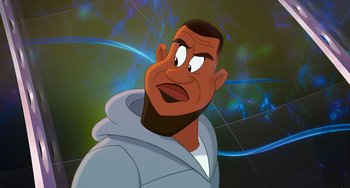 Movie still from “Space Jam: A New Legacy” (2021), directed by Malcolm D. Lee – An animated man with a beard is looking up; Medium shot, Low angle