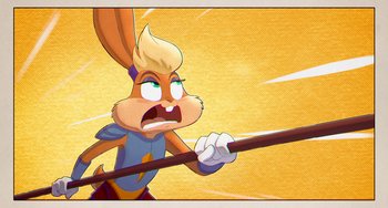 Movie still from “Space Jam: A New Legacy” (2021), directed by Malcolm D. Lee – An illustration of an angry rabbit holding onto a pole; Close Up shot, Low angle