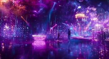 Movie still from “Space Jam: A New Legacy” (2021), directed by Malcolm D. Lee – Two people are standing in a room with lights; Extreme Wide shot, Low angle