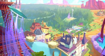 Movie still from “Space Jam: A New Legacy” (2021), directed by Malcolm D. Lee – An artistic view of a town with a castle in the background; Extreme Wide shot, High angle