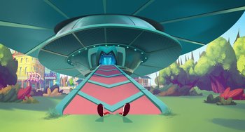 Movie still from “Space Jam: A New Legacy” (2021), directed by Malcolm D. Lee – An animated picture of an alien spaceship in a field; Extreme Wide shot, Low angle