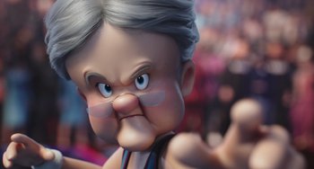 Movie still from “Space Jam: A New Legacy” (2021), directed by Malcolm D. Lee – An animated character with gray hair and blue eyes; Extreme Close Up shot, Over the shoulder angle