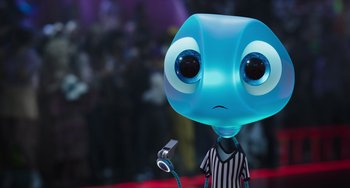 Movie still from “Space Jam: A New Legacy” (2021), directed by Malcolm D. Lee – A blue robot with a black and white striped shirt on; Close Up shot, High angle