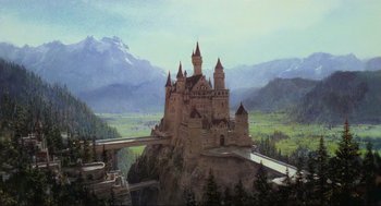 Movie still from “Spaceballs” (1987), directed by Mel Brooks – A painting of a castle on top of a mountain; Extreme Wide shot, Low angle