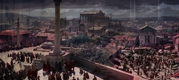 Movie still from “Spartacus” (1960), directed by Stanley Kubrick – A painting of a city with people walking around; Extreme Wide shot, High angle