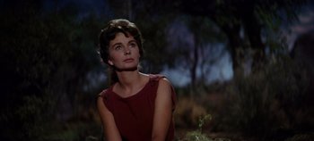Movie still from “Spartacus” (1960), directed by Stanley Kubrick – A woman in a red dress sitting in the grass; Close Up shot, Low angle
