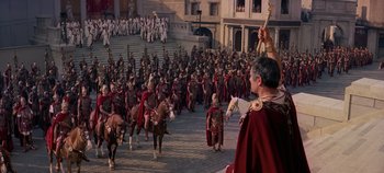 Movie still from “Spartacus” (1960), directed by Stanley Kubrick – A crowd of people in roman garb on horses; Extreme Wide shot, High angle