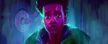 Movie still from “Spider-Man: Across the Spider-Verse” (2023), directed by Joaquim Dos Santos – A painting of a young man with a sad look on his face; Close Up shot, Overhead angle