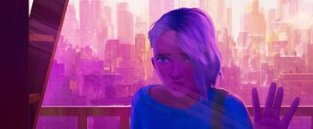 Movie still from “Spider-Man: Across the Spider-Verse” (2023), directed by Joaquim Dos Santos – A woman with a purple background is looking at the camera; Close Up shot, Low angle