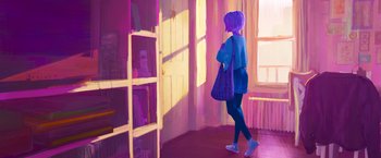 Movie still from “Spider-Man: Across the Spider-Verse” (2023), directed by Joaquim Dos Santos – A woman with a bag walking in front of a window; Wide shot, Over the shoulder angle