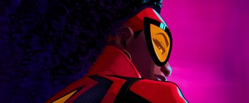 Movie still from “Spider-Man: Across the Spider-Verse” (2023), directed by Joaquim Dos Santos – A person's face in a painting style; Close Up shot, Low angle