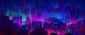 Movie still from “Spider-Man: Across the Spider-Verse” (2023), directed by Joaquim Dos Santos – A painting of a city lit up at night time; Extreme Wide shot, Low angle