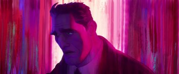 Movie still from “Spider-Man: Across the Spider-Verse” (2023), directed by Joaquim Dos Santos – A painting of a man in a suit and tie; Close Up shot, Low angle