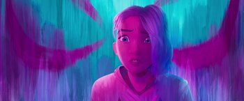 Movie still from “Spider-Man: Across the Spider-Verse” (2023), directed by Joaquim Dos Santos – A woman with purple hair is looking at the camera; Close Up shot, Over the shoulder angle