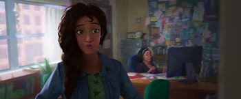 Movie still from “Spider-Man: Across the Spider-Verse” (2023), directed by Joaquim Dos Santos – A woman is standing in front of a desk; Medium shot, Over the shoulder angle