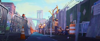 Movie still from “Spider-Man: Across the Spider-Verse” (2023), directed by Joaquim Dos Santos – A painting of a group of construction workers on the side of the road; Extreme Wide shot, Low angle