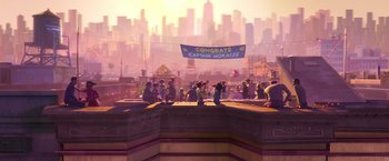 Movie still from “Spider-Man: Across the Spider-Verse” (2023), directed by Joaquim Dos Santos – A group of people standing on top of a building; Extreme Wide shot, Low angle