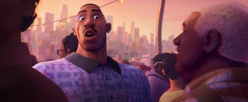 Movie still from “Spider-Man: Across the Spider-Verse” (2023), directed by Joaquim Dos Santos – A man with glasses is standing in front of a crowd of onlookers; Medium shot, Low angle