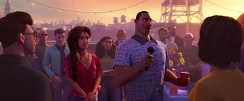 Movie still from “Spider-Man: Across the Spider-Verse” (2023), directed by Joaquim Dos Santos – A man and a woman standing next to each other holding microphones; Medium shot, Over the shoulder angle