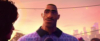 Movie still from “Spider-Man: Across the Spider-Verse” (2023), directed by Joaquim Dos Santos – An animated man with a microphone in front of a pink sky; Close Up shot, Low angle
