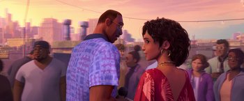 Movie still from “Spider-Man: Across the Spider-Verse” (2023), directed by Joaquim Dos Santos – A man and a woman are talking to each other; Medium shot, Over the shoulder angle