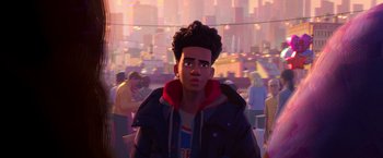 Movie still from “Spider-Man: Across the Spider-Verse” (2023), directed by Joaquim Dos Santos – A young man is looking up at the sky; Close Up shot, Over the shoulder angle