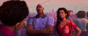 Movie still from “Spider-Man: Across the Spider-Verse” (2023), directed by Joaquim Dos Santos – A man standing next to two women in front of a city; Medium shot, Over the shoulder angle