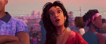 Movie still from “Spider-Man: Across the Spider-Verse” (2023), directed by Joaquim Dos Santos – An animated woman with long black hair looking surprised; Close Up shot, Low angle