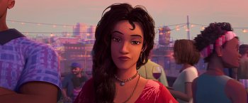 Movie still from “Spider-Man: Across the Spider-Verse” (2023), directed by Joaquim Dos Santos – A woman with long black hair wearing a red shirt; Close Up shot, Over the shoulder angle